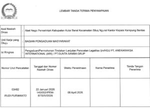 **Keterangan Foto:**Tanda terima pengaduan masyarakat Kampung Bentas oleh Dewan Perwakilan Rakyat Republik Indonesia (DPR RI) sebagai bukti resmi pelaporan dugaan pelanggaran HGU dan konflik perkebunan sawit.